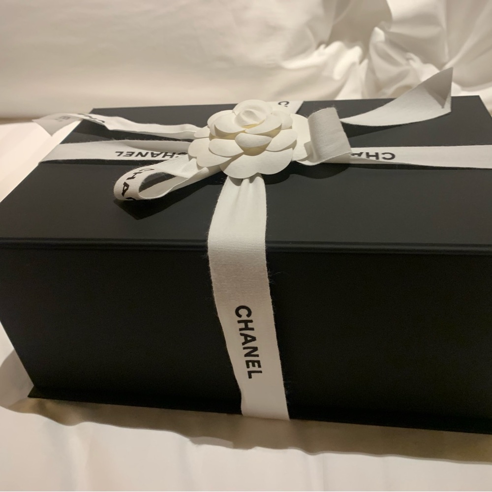 Authentic rare mid size folded Chanel Black Box with White Ribbon,Camellia box